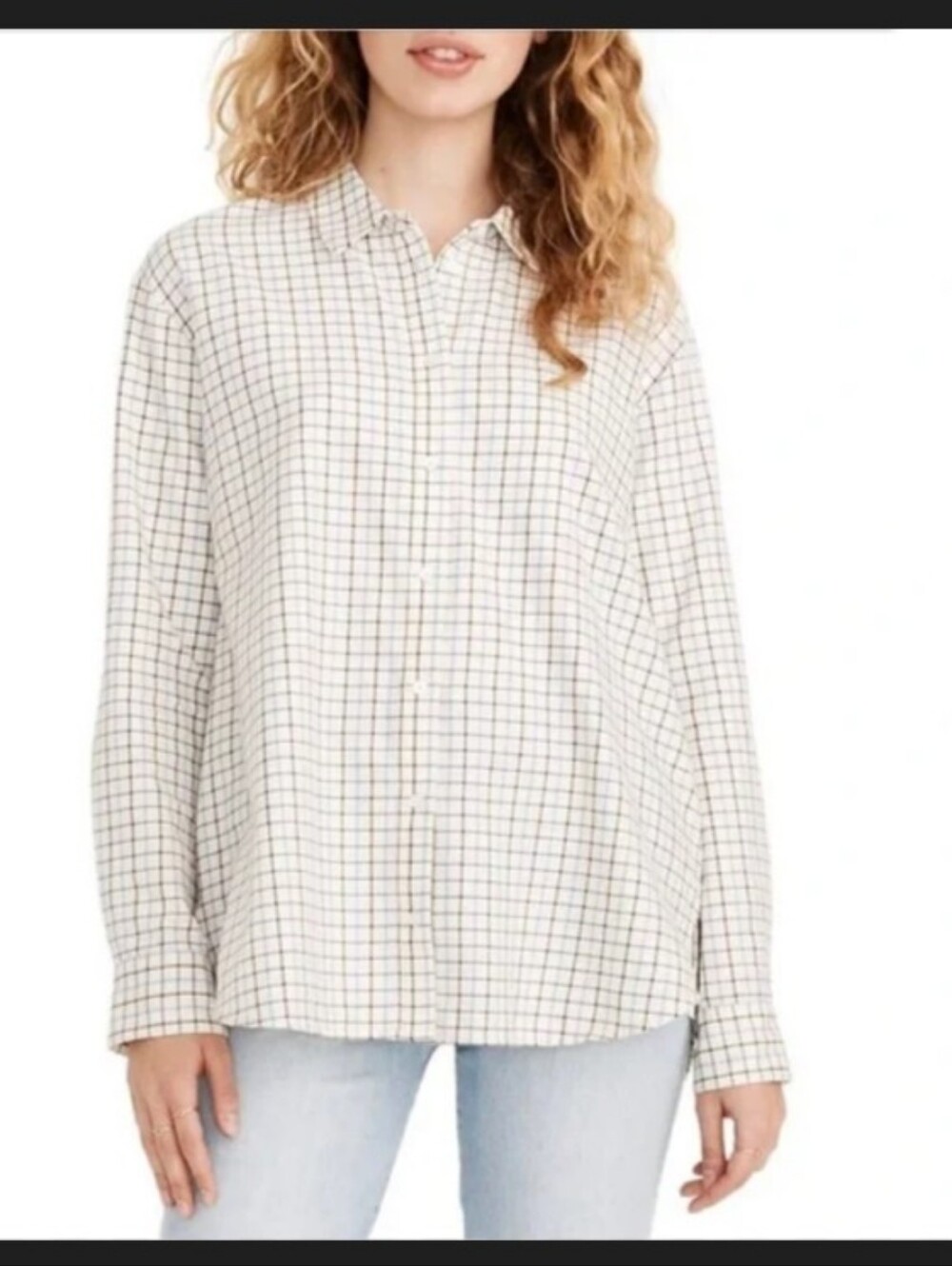 Madewell Ex Boyfriend Relaxed Fit Cream Plaid Button-Down Shirt Women's Size S
